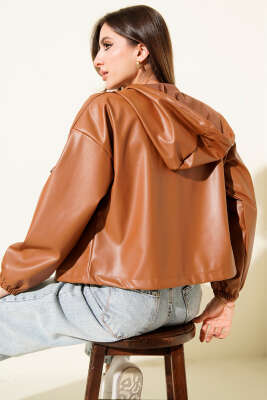 Kapşonlu Kısa Deri Ceket Taba - Kadın Giyim Modelleri