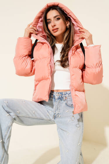 Kapşonlu Kısa Şişme Mont Pudra - Yeni Giyim