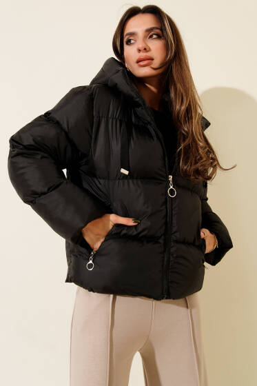 Kapşonlu Kısa Şişme Mont Siyah - Yeni Giyim