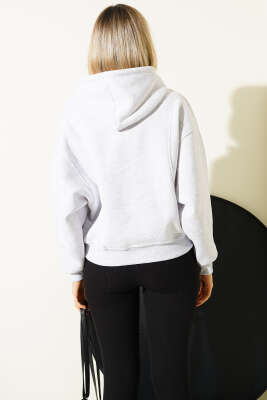 Kapşonlu Ny Baskılı Sweatshirt Melanj Gri - Kadın Giyim Modelleri