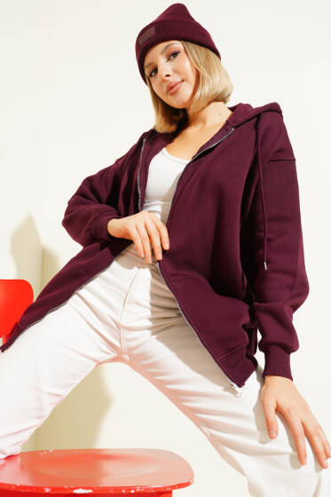Kapşonlu Üç İpli Fermuarlı Hırka Bordo - Kadın Giyim Modelleri