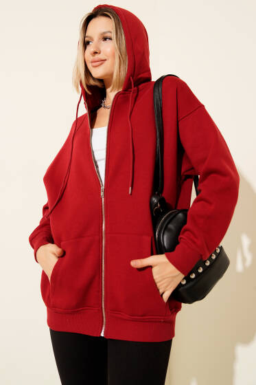 Kapşonlu Üç İpli Fermuarlı Hırka Kırmızı - Kadın Giyim Modelleri
