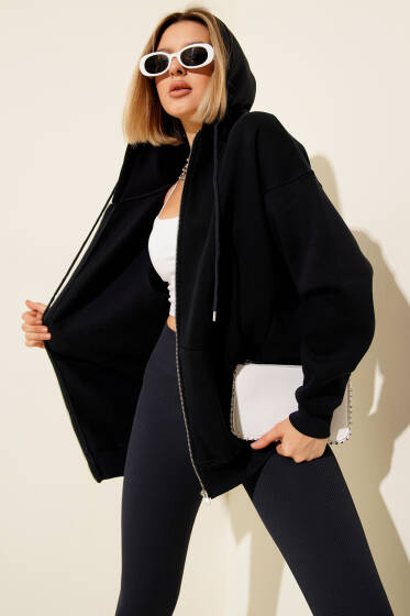 Kapşonlu Üç İpli Fermuarlı Hırka Koyu Lacivert - Kadın Giyim Modelleri