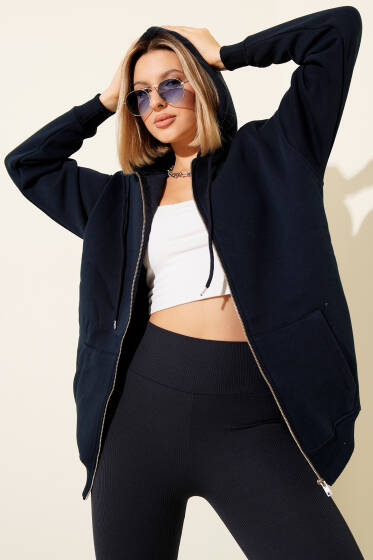 Kapşonlu Üç İpli Fermuarlı Hırka Lacivert - Kadın Giyim Modelleri