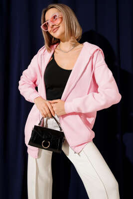 Kapşonlu Üç İpli Fermuarlı Hırka Pembe - Kadın Giyim Modelleri