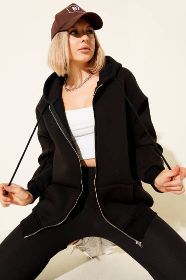 Kapşonlu Üç İpli Fermuarlı Hırka Siyah - Kadın Giyim Modelleri