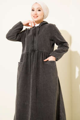 Kapşonlu Yarı Fermuarlı Kot Elbise Füme - Elbise