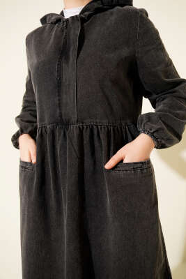 Kapşonlu Yarı Fermuarlı Kot Elbise Füme - Elbise