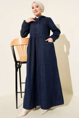 Kapşonlu Yarı Fermuarlı Kot Elbise Lacivert - ASME