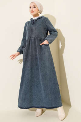 Kapşonlu Yarı Fermuarlı Kot Elbise Mavi - ASME