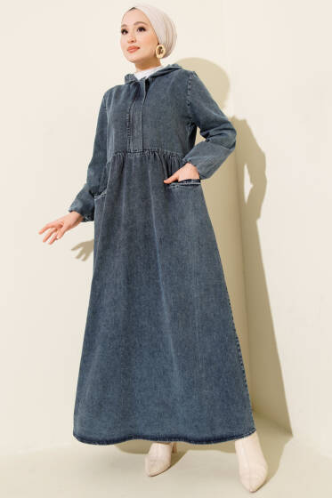 Kapşonlu Yarı Fermuarlı Kot Elbise Mavi - Elbise