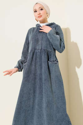 Kapşonlu Yarı Fermuarlı Kot Elbise Mavi - Elbise
