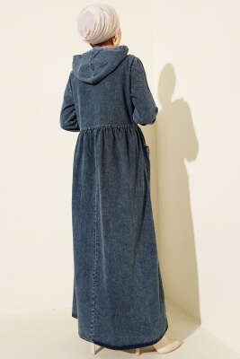 Kapşonlu Yarı Fermuarlı Kot Elbise Mavi - Elbise