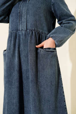 Kapşonlu Yarı Fermuarlı Kot Elbise Mavi - Elbise