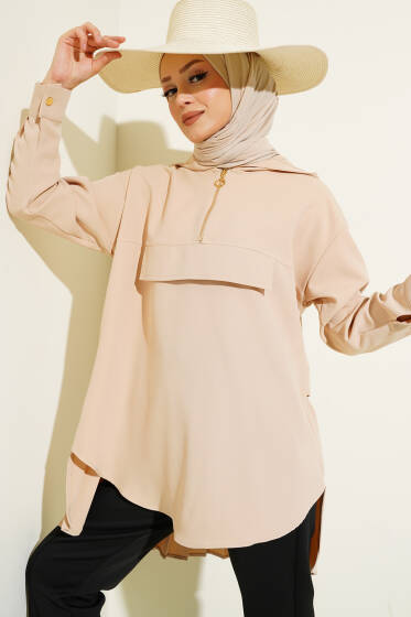Kapüşonlu Arka Pileli Tunik Bej - Tunik