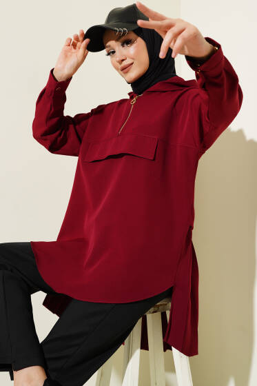 Kapüşonlu Arka Pileli Tunik Bordo - Tunik