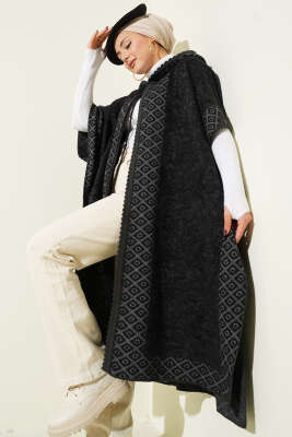 Kapüşonlu Baklava Desen Panço Siyah - ULUDAĞ TRİKO