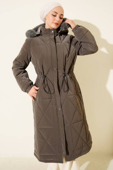 Kapüşonlu Baklava Kapitone Uzun Mont Füme - Mont