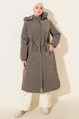 Kapüşonlu Baklava Kapitone Uzun Mont Füme - Mont