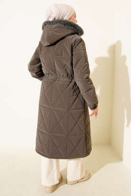 Kapüşonlu Baklava Kapitone Uzun Mont Füme - Mont