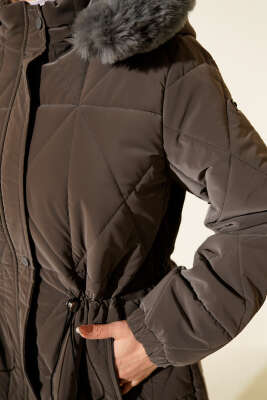 Kapüşonlu Baklava Kapitone Uzun Mont Füme - Mont