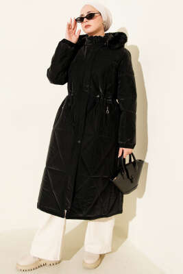 Kapüşonlu Baklava Kapitone Uzun Mont Siyah - AYSEMA