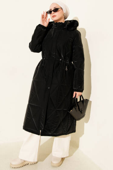 Kapüşonlu Baklava Kapitone Uzun Mont Siyah - Mont