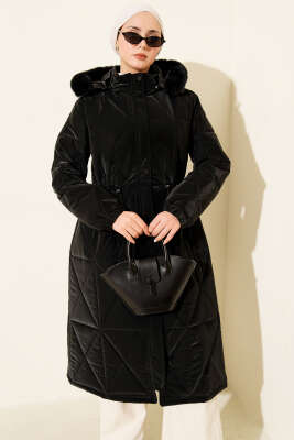 Kapüşonlu Baklava Kapitone Uzun Mont Siyah - Mont