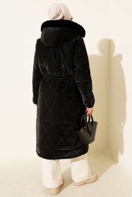 Kapüşonlu Baklava Kapitone Uzun Mont Siyah - Mont