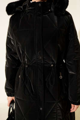 Kapüşonlu Baklava Kapitone Uzun Mont Siyah - Mont