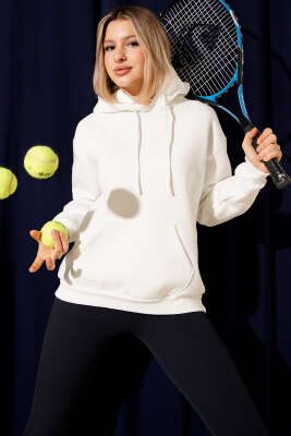 Kapüşonlu Basic Üç İplik Sweatshirt Ekru - ADYES