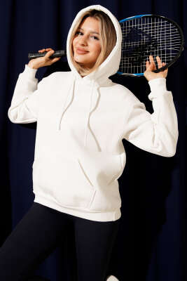 Kapüşonlu Basic Üç İplik Sweatshirt Ekru - Kadın Giyim Modelleri