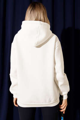 Kapüşonlu Basic Üç İplik Sweatshirt Ekru - Kadın Giyim Modelleri