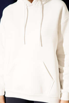 Kapüşonlu Basic Üç İplik Sweatshirt Ekru - Kadın Giyim Modelleri