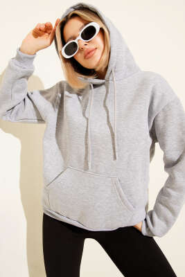 Kapüşonlu Basic Üç İplik Sweatshirt Gri - ADYES