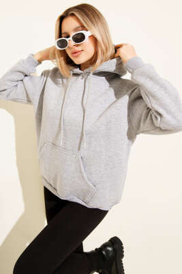 Kapüşonlu Basic Üç İplik Sweatshirt Gri - Kadın Giyim Modelleri