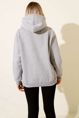Kapüşonlu Basic Üç İplik Sweatshirt Gri - Kadın Giyim Modelleri