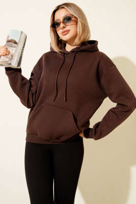 Kapüşonlu Basic Üç İplik Sweatshirt Kahve - ADYES