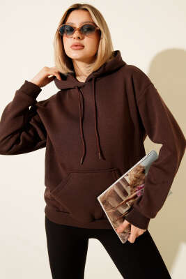 Kapüşonlu Basic Üç İplik Sweatshirt Kahve - Kadın Giyim Modelleri