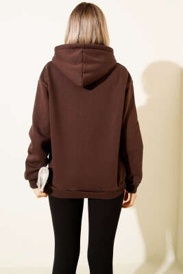 Kapüşonlu Basic Üç İplik Sweatshirt Kahve - Kadın Giyim Modelleri