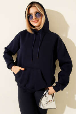 Kapüşonlu Basic Üç İplik Sweatshirt Lacivert - Kadın Giyim Modelleri