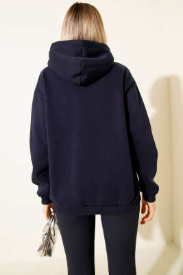 Kapüşonlu Basic Üç İplik Sweatshirt Lacivert - Kadın Giyim Modelleri