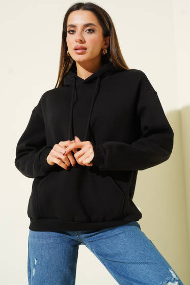 Kapüşonlu Basic Üç İplik Sweatshirt Siyah - Kadın Giyim Modelleri