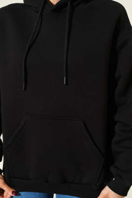 Kapüşonlu Basic Üç İplik Sweatshirt Siyah - Kadın Giyim Modelleri