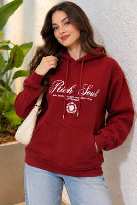 Kapüşonlu Baskı Detaylı Sweatshirt Bordo - Kadın Giyim Modelleri