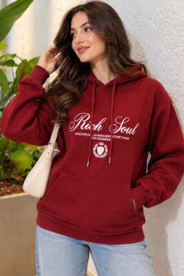 Kapüşonlu Baskı Detaylı Sweatshirt Bordo - Kadın Giyim Modelleri