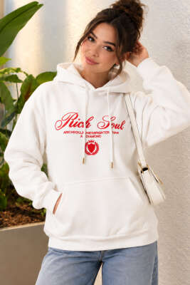 Kapüşonlu Baskı Detaylı Sweatshirt Ekru 