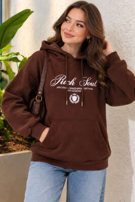 Kapüşonlu Baskı Detaylı Sweatshirt Kahve - Kadın Giyim Modelleri