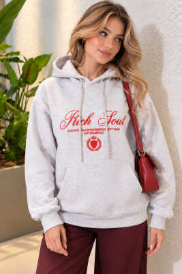 Kapüşonlu Baskı Detaylı Sweatshirt Melanj Gri 