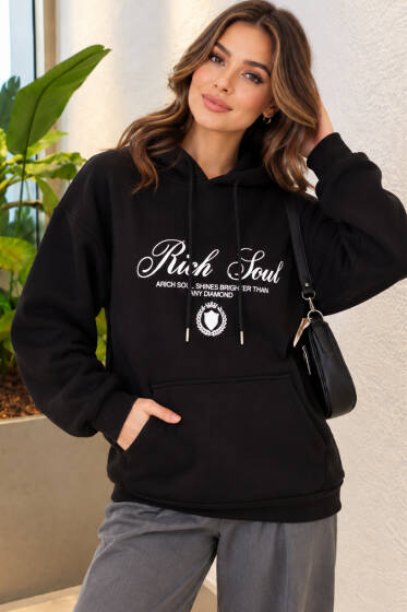 Kapüşonlu Baskı Detaylı Sweatshirt Siyah - Kadın Giyim Modelleri